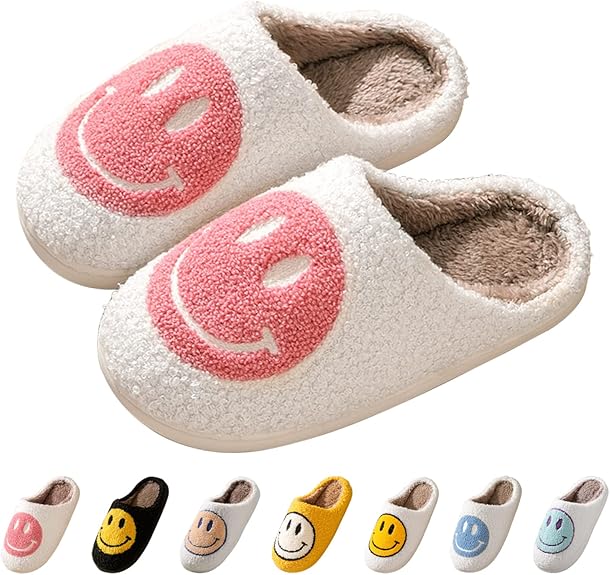 Smile Face Slippers for Women - Soft Plush Retro Preppy Slip-on Comfortable Indoor/Outdoor Shoes