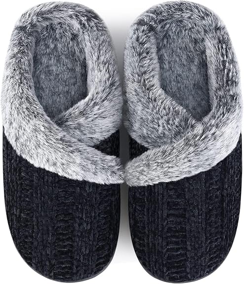 Slippers for Women Fuzzy House Slip on Indoor Outdoor Bedroom Furry Fleece Lined Ladies Comfy Memory Foam Female Home Shoes Anti-Skid Rubber Hard Sole