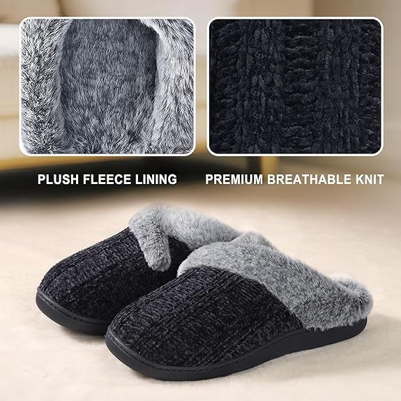 Slippers for Women Fuzzy House Slip on Indoor Outdoor Bedroom Furry Fleece Lined Ladies Comfy Memory Foam Female Home Shoes Anti-Skid Rubber Hard Sole